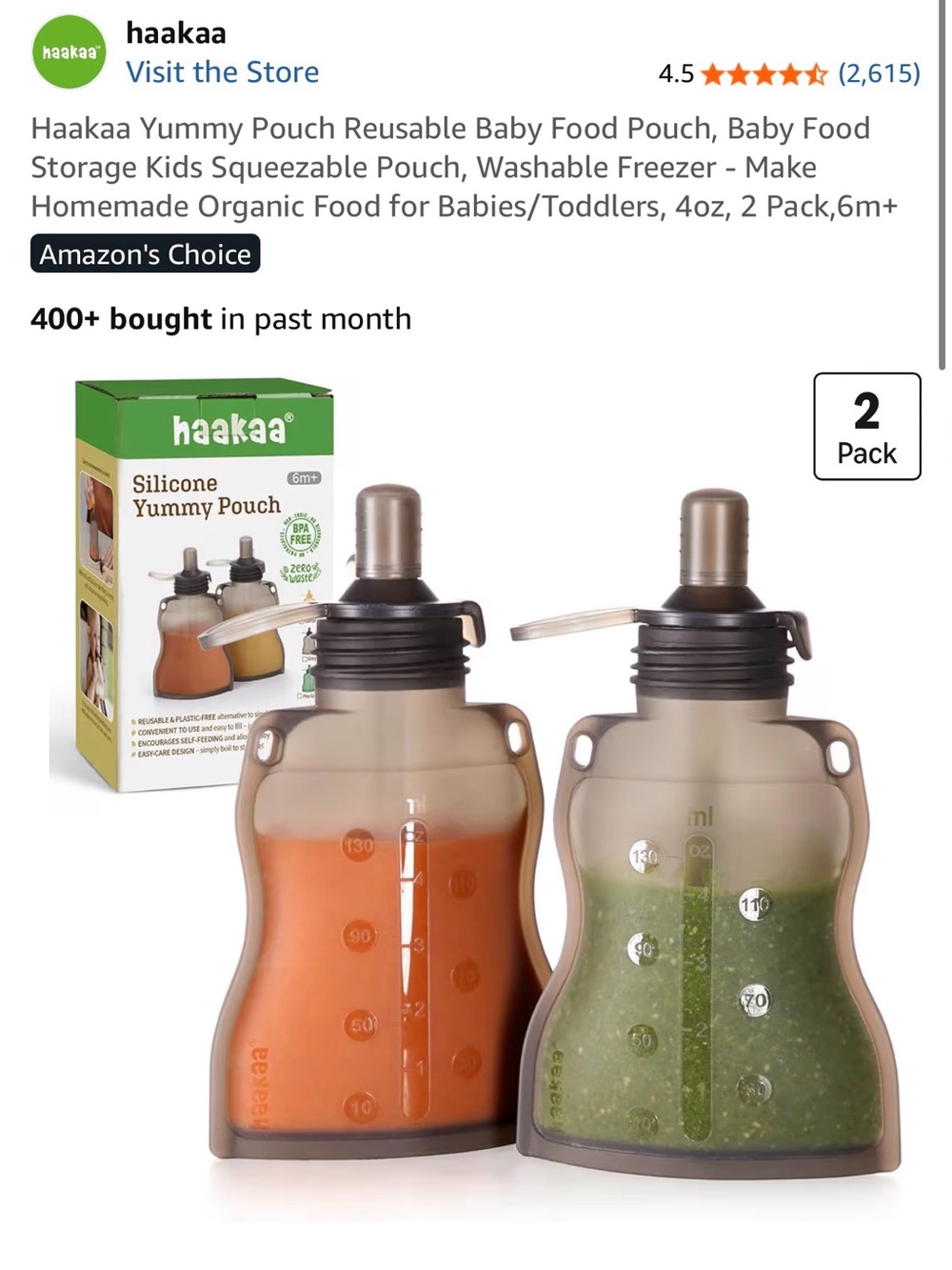 Haakaa Reusable Silicone Food Pouches - (2 Pack)